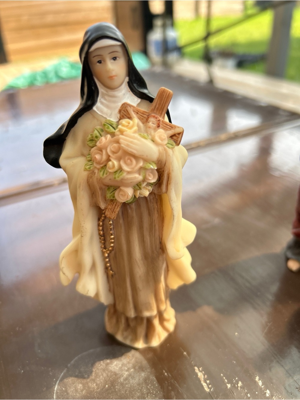 St Theresa Decorative Cream and Brown Nun Figurine with Pink Roses
